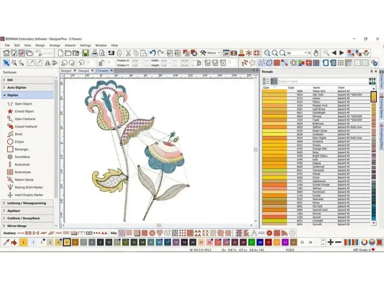 Program Bernina V9 Creator do projektowania haftów, z widocznymi kolorowymi wzorami kwiatów oraz narzędziami w lewym panelu. Po prawej stronie lista nici z kodami i nazwami kolorów. Interfejs graficzny z ikonami do edycji i projektowania.