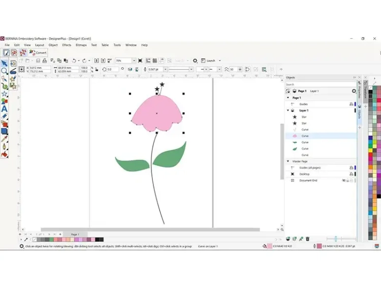 Program Bernina V9 Creator wyświetla interfejs do projektowania haftów z rysunkiem różowej kwiatu na białym tle. Widać zielone liście, narzędzia do edycji po lewej stronie oraz paletę kolorów po prawej. Widoczne są również warstwy i obiekty projektu.