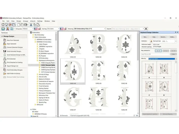 Program Bernina V9 Creator do projektowania haftów, wyświetlający bibliotekę wzorów. Po lewej stronie menu zarządzania projektami, po prawej podgląd wybranych wzorów literowych. Elementy w różnych stylach, z numerami identyfikacyjnymi.