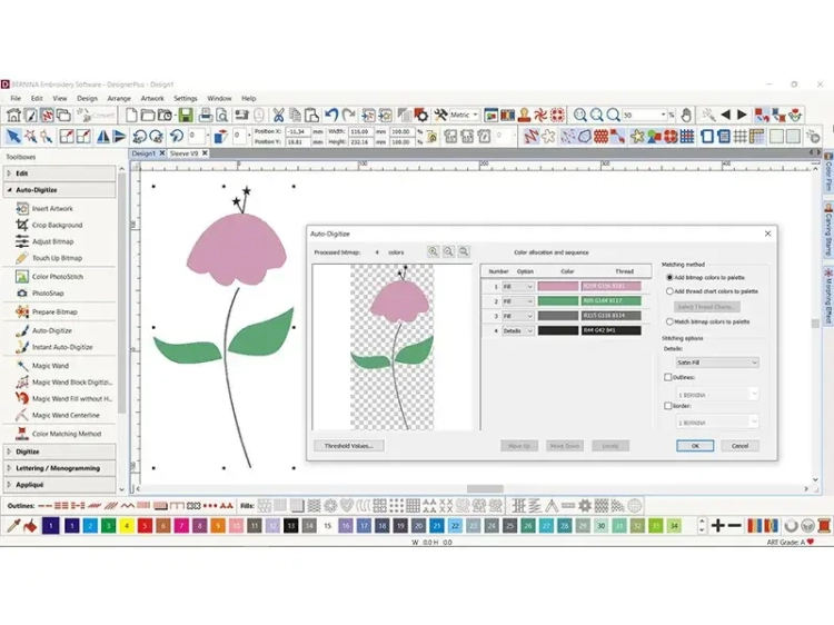 Program Bernina V9 Creator do projektowania haftów, z interfejsem graficznym przedstawiającym różową kwiatową grafikę na tle siatki. Widoczne narzędzia do automatycznego cyfrowania oraz okno wyboru kolorów i sekwencji nici.