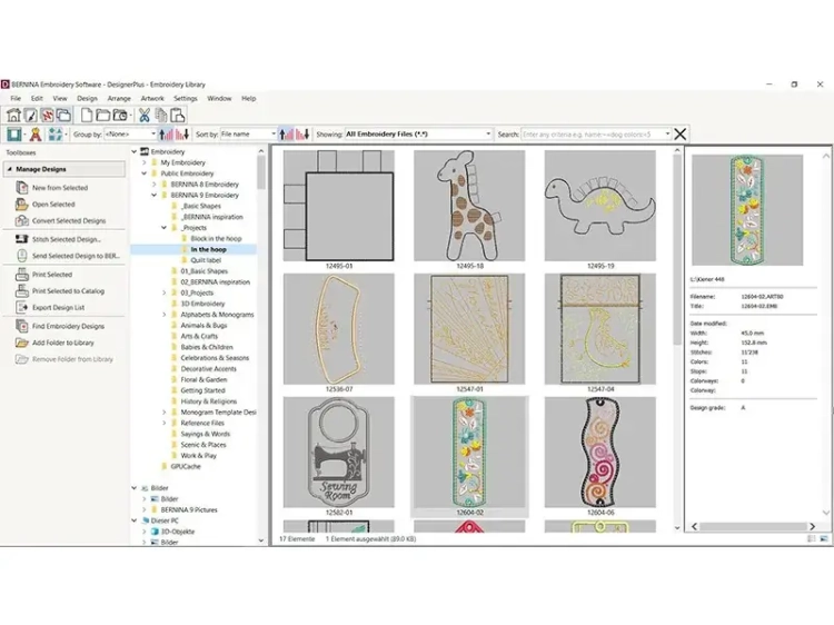 Program Bernina V9 Creator Full Version do projektowania haftów, widok interfejsu z biblioteką wzorów. Na ekranie wyświetlane są różne projekty haftów, w tym zwierzęta, kształty i etykiety, z nazwami plików i szczegółami obok.