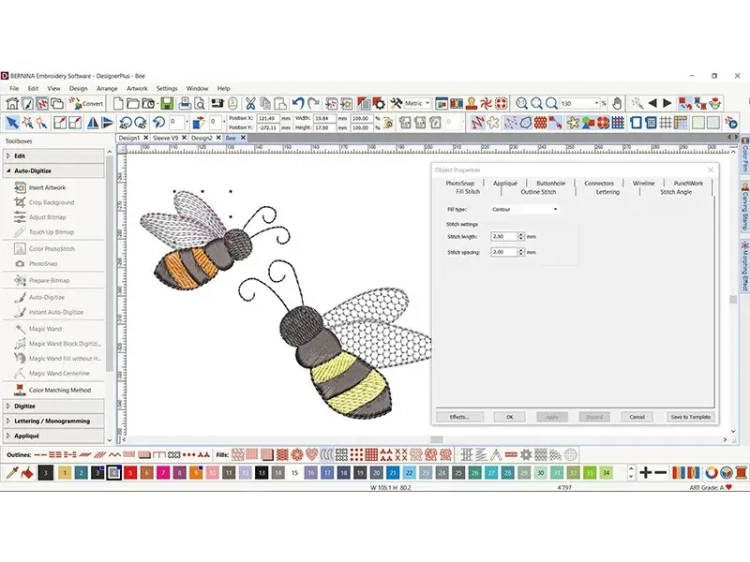 Program Bernina V9 Creator Full Version do projektowania haftów, z interfejsem przedstawiającym dwa haftowane pszczoły. Widoczne narzędzia i opcje edycji, w tym parametry ściegów w oknie właściwości. Tło w jasnym kolorze, z ikonami narzędzi u dołu.