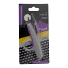 Obcinaczki do nitek TEXI Titanium Ti500 12 cm z tytanowanymi ostrzami, w ergonomicznej obudowie w kolorze szarym i fioletowym. Ujęcie frontalne, produkt w opakowaniu z widocznym logo marki i informacjami o gwarancji.