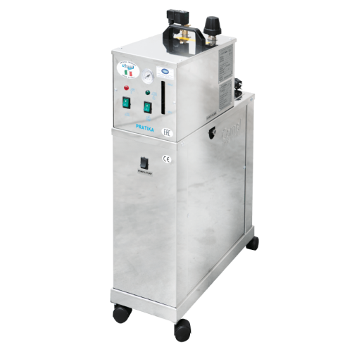 Wytwornica pary Comel Pratika CMP INOX 5l w kolorze stalowym, z widocznymi przyciskami, wskaźnikiem ciśnienia i gniazdem zewnętrznym, stojąca na kółkach, z wykończeniem matowym. Produkt ukazany z boku, ujawniając detale konstrukcyjne.