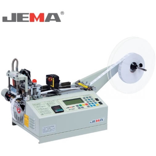 Urządzenie do cięcia etykiet JEMA JM-120SH w kolorze szarym, z automatycznym mechanizmem cięcia na gorąco. Widoczny laserowy czujnik odmierzania długości, panel sterujący z przyciskami i wyświetlaczem, rolka z etykietami umieszczona z boku.