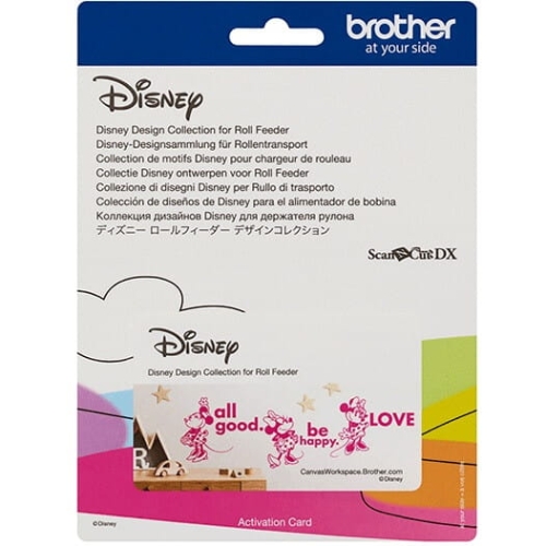 Kolekcja wzorów Disney do Roll Feeder z logo Disney i napisem all good. be happy. LOVE na różowym tle, umieszczona na białym tle z kolorowymi elementami graficznymi. Zawiera informacje w różnych językach dotyczące użycia i aktywacji.