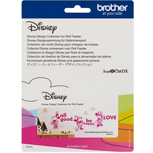 Kolekcja wzorów Disney do Roll Feeder z logo Disney i napisem all good. be happy. LOVE na różowym tle, umieszczona na białym tle z kolorowymi elementami graficznymi. Zawiera informacje w różnych językach dotyczące użycia i aktywacji.