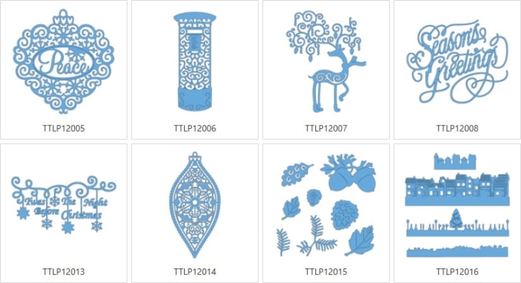 Kolekcja Tattered Lace 12 CATTLP12 zawiera 12 świątecznych wzorów do ploterów Brother w niebieskim kolorze. Zawiera motywy takie jak renifer, choinka, bombka oraz napisy Peace i Seasons Greetings. Wzory różnią się kształtem i detalami.