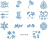 Zestaw wzorów Tattered Lace 11 CATTLP11 w kolorze niebieskim, zawiera różnorodne motywy świąteczne i roślinne: choinki, dzwonki, gwiazdy, postacie z szopki, gałązki oraz napisy Happy Christmas i Workshop North Santa''s Pole.