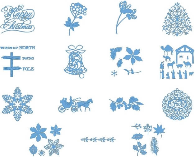 Zestaw wzorów Tattered Lace 11 CATTLP11 w kolorze niebieskim, zawiera różnorodne motywy świąteczne i roślinne: choinki, dzwonki, gwiazdy, postacie z szopki, gałązki oraz napisy Happy Christmas i Workshop North Santa''s Pole.
