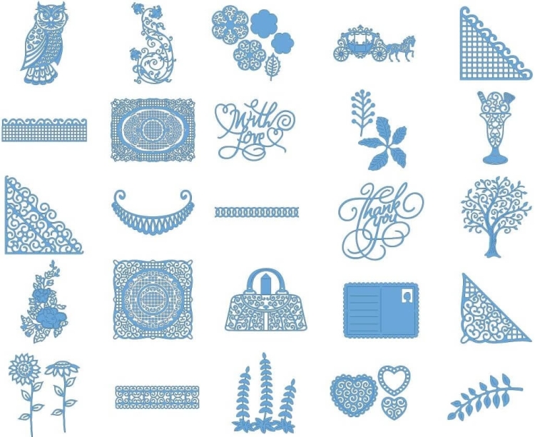 Kolekcja wzorów Tattered Lace 10, zawierająca różnorodne niebieskie elementy dekoracyjne, takie jak sowy, kwiaty, liście, serca, torby, drzewka oraz napisy „With Love” i „Thank You”, w różnych kształtach i detalach.