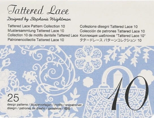 Kolekcja wzorów Tattered Lace 10, zaprojektowana przez Stephanie Weightman, zawiera 25 motywów w jasnoniebieskim tle. Widoczne napisy w różnych językach oraz duża cyfra 10 na dole.
