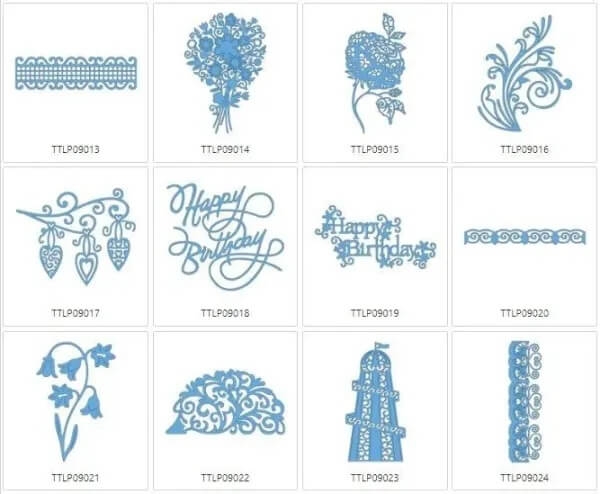 Kolekcja wzorów Tattered Lace 9 zawiera różnorodne niebieskie wykrojniki: bukiet, wzory florystyczne, napisy Happy Birthday oraz dekoracyjne elementy, wszystkie na jasnym tle w układzie siatkowym.