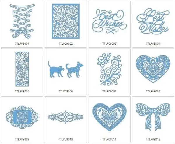 Kolekcja wzorów Tattered Lace 9, zawierająca różne niebieskie motywy, w tym napisy Best Wishes, serca, zwierzęta i ozdobne ramki. Elementy o różnorodnych kształtach i detalach, prezentowane w układzie siatki.