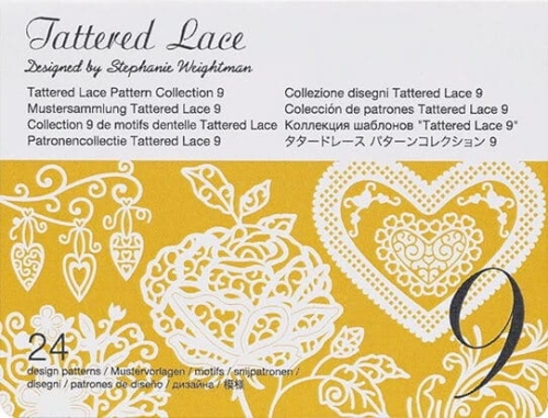 Kolekcja wzorów Tattered Lace 9, prezentująca biały wzór na żółtym tle, z dekoracyjnymi elementami takimi jak serca, kwiaty i ornamenty. Widoczna liczba 9 oraz napis informujący o 24 wzorach do wykorzystania w projektach kreatywnych.