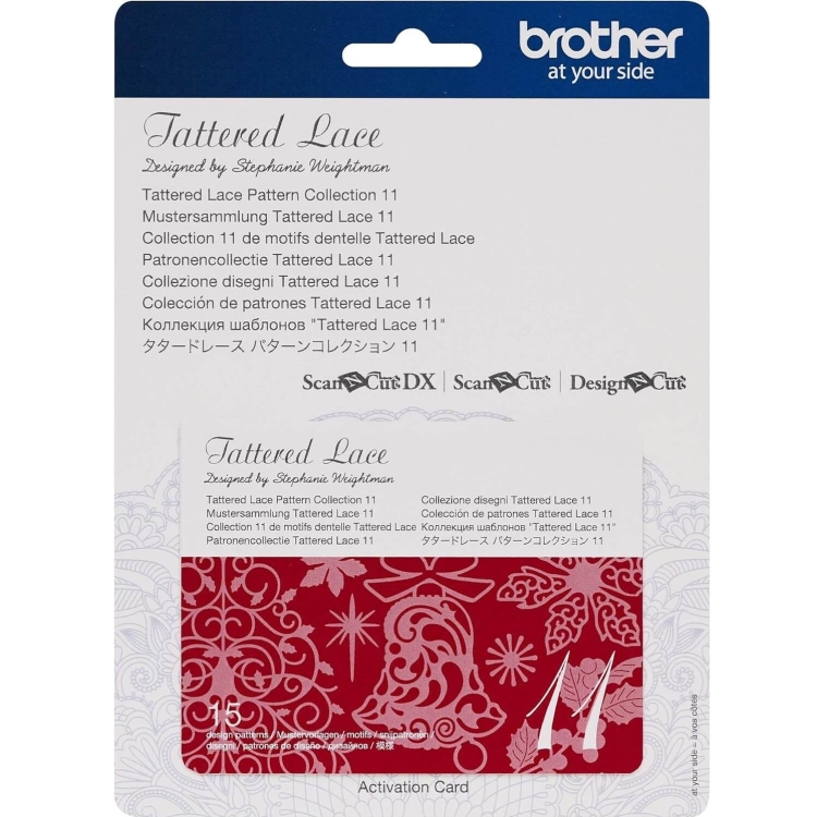 Aktywacyjna karta kolekcji wzorów Tattered Lace 11 do ploterów Brother. Na białym tle widoczny napis Tattered Lace oraz różnorodne wzory florystyczne w kolorze czerwonym. Karta zawiera instrukcje w kilku językach oraz logo Brother.