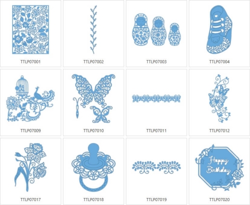 Kolekcja Tattered Lace 7 zawiera 12 niebieskich wzorów: kwiaty, motyle, buty dziecięce, ptaki w klatce, smoczek, dekoracyjne napisy (w tym Happy Birthday) oraz ozdobne ramki, wszystkie w delikatnej, koronkowej stylistyce.