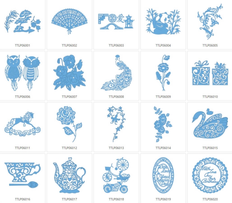 Kolekcja wzorów Tattered Lace 6, zawierająca różnorodne niebieskie wycinanki, w tym motywy kwiatowe, zwierzęta, filiżanki, teczki i inne dekoracyjne elementy, ułożone w siatkę 4x5 na jasnym tle.