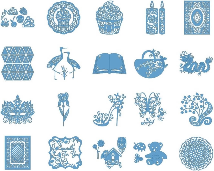 Zestaw wycinanek Tattered Lace 5, w kolorze niebieskim, zawiera różnorodne wzory: ciastko, świeczki, ptaki, książkę, koszyk, smoka, kwiaty, buty, ramki i inne detale. Idealny do tworzenia dekoracji i kartek.