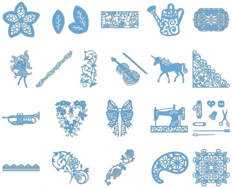 Zestaw Tattered Lace 4 zawiera różnorodne niebieskie wzory, w tym kwiat, liście, wróżkę, trąbkę, jednorożca, maszynę do szycia oraz elementy dekoracyjne. Wzory charakteryzują się delikatnymi detalami i finezyjnymi kształtami, idealne do scrapbookingu.