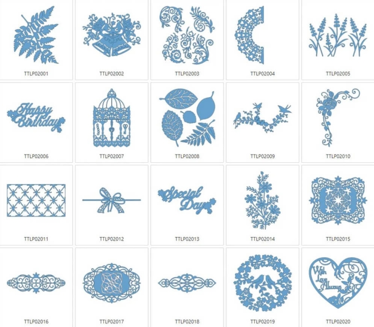 Kolekcja wzorów Tattered Lace 2 zawiera różnorodne niebieskie wycinanki o dekoracyjnych kształtach, w tym liście, kwiaty, napisy urodzinowe i okrągłe ramki. Wzory są wyraźnie zdefiniowane, z detalami i różnymi motywami, umieszczone na białym tle.