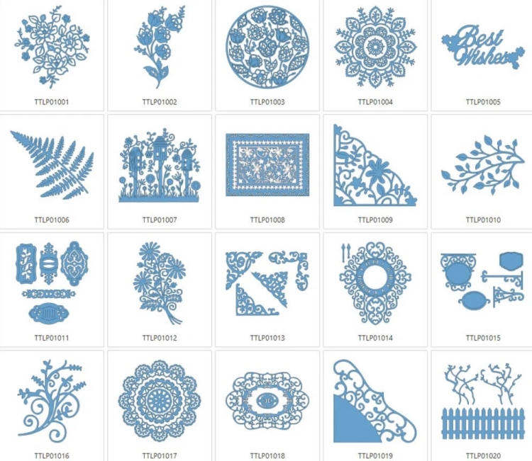 Zestaw wzorów Tattered Lace 1 w kolorze niebieskim, zawierający różnorodne motywy, takie jak kwiaty, liście, okrągłe i prostokątne ornamenty oraz napisy. Elementy w różnych kształtach i szczegółach, prezentowane na białym tle.
