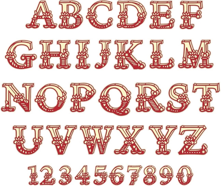 Kolekcja wzorów Pingpong Lettering CAPPNP01 zawiera duże, dekoracyjne litery i cyfry w kolorze czerwonym z jasnymi akcentami. Litery są stylizowane, z kwiatowymi wzorami i ozdobnymi detalami, ułożone w rzędy na białym tle.