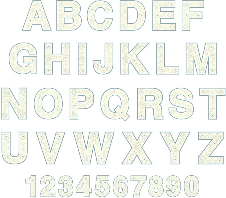 Wzory liter i cyfr z kolekcji Pingpong Lettering CAPPNP01, przedstawiające duże litery od A do Z oraz cyfry od 0 do 9. Litery mają jasną, kremową fakturę z kwiatowymi wzorami i niebieską obwódką.