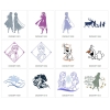 Kolekcja wzorów Disney Frozen Deco Pattern 2 zawiera różne ilustracje, w tym postacie Elsy, Anny oraz Olafa, w odcieniach niebieskiego, fioletowego i czarnego. Grafiki przedstawiają sceny z filmu oraz napisy w stylu dekoracyjnym.