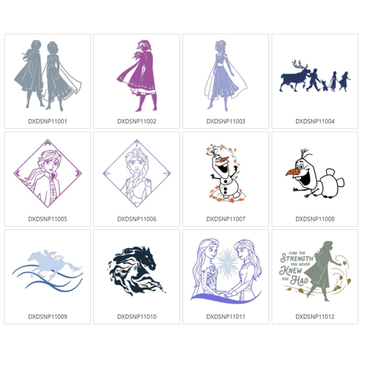 Kolekcja wzorów Disney Frozen Deco Pattern 2 zawiera różne ilustracje, w tym postacie Elsy, Anny oraz Olafa, w odcieniach niebieskiego, fioletowego i czarnego. Grafiki przedstawiają sceny z filmu oraz napisy w stylu dekoracyjnym.