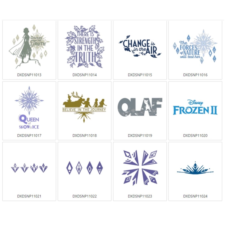 Kolekcja wzorów Disney Frozen Deco Pattern 2 zawiera 12 różnych grafik, w tym napisy takie jak „Believe in the Journey”, „OLAF” oraz różnorodne wzory śnieżynkowe w odcieniach fioletu i niebieskiego.