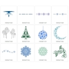 Zestaw wzorów Disney Frozen Deco Pattern 2 zawiera różnorodne motywy, takie jak śnieżynki, choinka, drzewa, gwiazdki oraz napis Holiday Cheer. Wzory w odcieniach niebieskiego, zielonego i szarości, ukazane na białym tle.