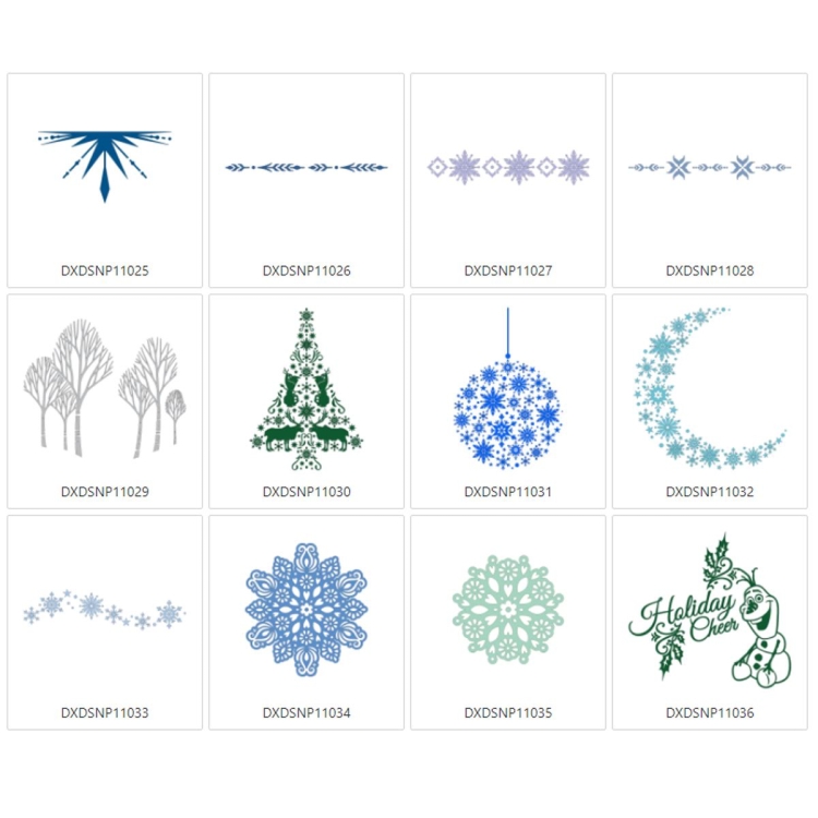 Zestaw wzorów Disney Frozen Deco Pattern 2 zawiera różnorodne motywy, takie jak śnieżynki, choinka, drzewa, gwiazdki oraz napis Holiday Cheer. Wzory w odcieniach niebieskiego, zielonego i szarości, ukazane na białym tle.