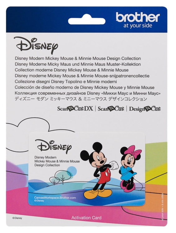Karta aktywacyjna kolekcji Disney Mickey i Minnie Mouse, z ilustracją postaci Mickey Mouse w czerwonych spodniach oraz Minnie Mouse w niebieskiej sukience i różowej kokardzie, na tle kolorowych wzorów. Logo Disney widoczne na górze.