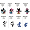 Osiem wzorów postaci Disney Mickey i Minnie Mouse w różnych rozmiarach. Wzory przedstawiają kolorowe grafiki postaci na tle okrągłych lub prostokątnych kształtów. Widoczne detale, takie jak kolory i układ postaci, w tym pozycje rąk i uśmiechy.