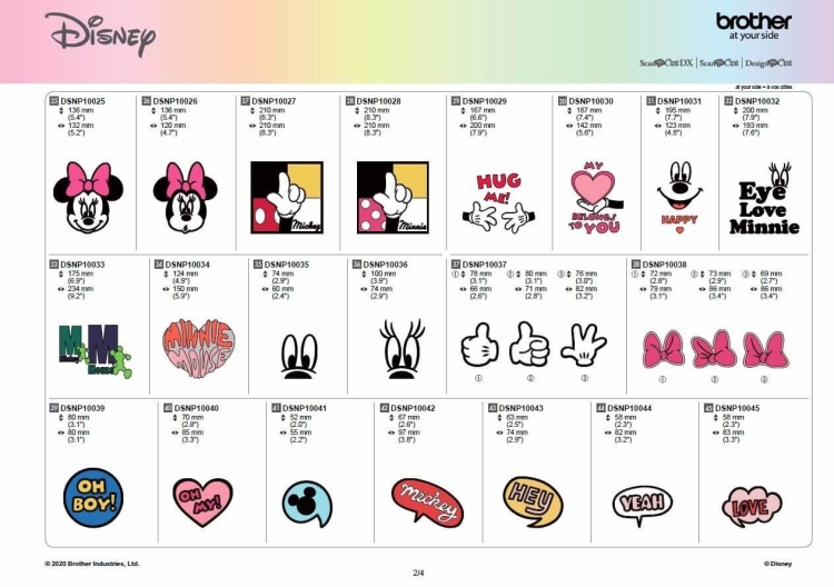 Zestaw wzorów Disney Mickey i Minnie Mouse, zawierający różnorodne grafiki: postacie, napisy i serca w kolorach czarnym, różowym i czerwonym. Układ w formie siatki z różnymi kształtami i rozmiarami, w tym detale jak kokardy i uśmiechy.