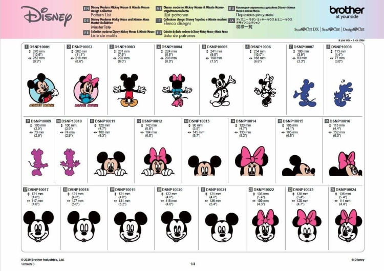 Kolekcja wzorów Disney Mickey and Minnie Mouse zawiera różnorodne grafiki przedstawiające postacie Mickey i Minnie w różnych pozach oraz stylach. Wzory obejmują m.in. postacie w kolorze czarno-białym oraz z dodatkiem różowej kokardy Minnie.