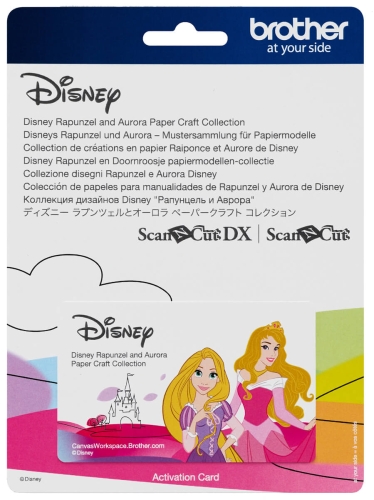 Karta aktywacyjna Disney przedstawiająca postacie Rapunzel i Aurory. Obrazek z kolorowymi tłem, z zamkiem w tle. Widoczne napisy: Disney Rapunzel and Aurora Paper Craft Collection oraz logo Brother.