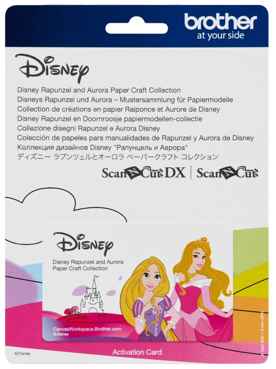 Karta aktywacyjna Disney przedstawiająca postacie Rapunzel i Aurory. Obrazek z kolorowymi tłem, z zamkiem w tle. Widoczne napisy: Disney Rapunzel and Aurora Paper Craft Collection oraz logo Brother.