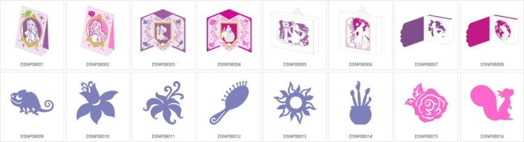 Zestaw wzorów Disney Rapunzel i Aurora, zawierający różnorodne elementy graficzne w kolorach różowym i fioletowym. Widoczny kameleon, kwiat, grzebień, słońce oraz dekoracyjne ramki z postaciami.
