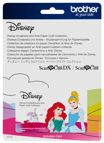 Kolekcja wzorów Disney Cinderella and Ariel, zawierająca ilustracje Ariel i Kopciuszka. Na białym tle widoczne postacie, zamek oraz logo Disney. Produkt umieszczony w górnej części etykiety, z kolorowym tłem w odcieniach różu i zieleni.