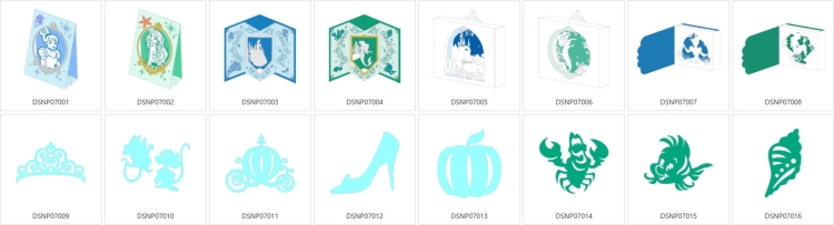 Zestaw wzorów Disney Cinderella i Ariel, w skład którego wchodzą kolorowe karty i motywy: księżniczka, zamek, pantofel, dynia, krab oraz muszla, w odcieniach błękitu i zieleni. Elementy przedstawione na jednolitym tle.
