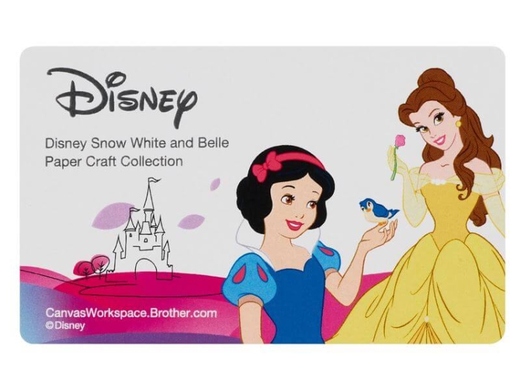Kolekcja wzorów Disney Princess przedstawiająca Śnieżkę i Belle. Grafika na jasnym tle z zamkiem, z postaciami w kolorowych strojach: Śnieżka w niebieskiej sukni z czerwoną kokardą oraz Belle w żółtej sukni, trzymająca różę. Widoczne logo Disney.