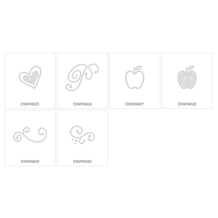 Zestaw wzorów Disney Princess 2 CADSNP06 zawiera sześć projektów: serce, ozdobną literę P, dwa różne jabłka oraz dwa spirale. Wzory przedstawione w białych konturach na jasnym tle, idealne do aplikacji na odzież czy akcesoria.