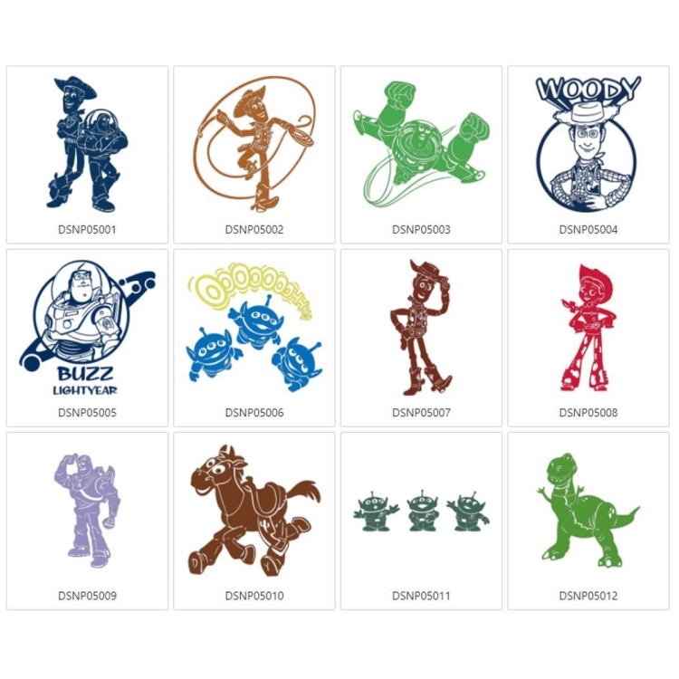 Kolekcja wzorów Disney Toy Story zawiera różne postacie, w tym Woody''ego, Buzz''a Lightyear''a i dinozaura Rexa, przedstawione w różnych kolorach i stylach. Wzory są zgrupowane w siatce, pokazując charakterystyczne cechy każdej postaci.