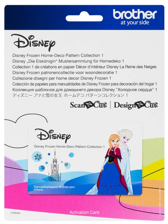 Karta aktywacyjna z kolekcji wzorów Disney Frozen, przedstawiająca postacie Anny i Elsy na niebieskim tle, z zamkiem w tle. Logo Disney u góry, w dolnej części widoczne napisy dotyczące kolekcji i strony internetowej.