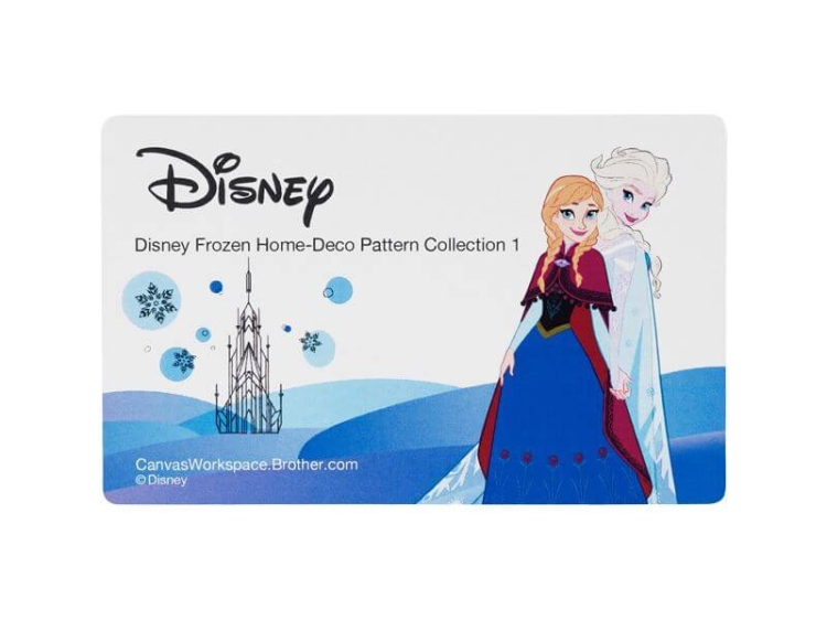 Karta z kolekcji wzorów Disney Frozen, przedstawiająca postacie Anny i Elsy na tle zamku oraz dekoracyjnych elementów w niebieskich odcieniach. Widoczny napis Disney Frozen Home-Deco Pattern Collection 1.