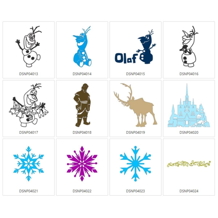 Kolekcja wzorów Disney Frozen Deco zawiera 12 grafik: postać Olafa w różnych kolorach, król Kristoff, renifer Sven, zamek Arendelle oraz różne wzory płatków śniegu w niebieskich, fioletowych i złotych odcieniach.