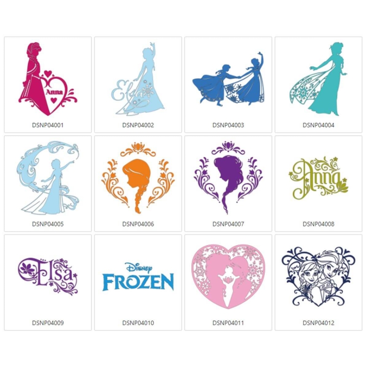 Kolekcja wzorów Disney Frozen Deco zawiera 12 grafik, w tym postacie Anny i Elsy, elementy ozdobne oraz napisy Disney Frozen. Wzory w różnych kolorach, takich jak różowy, niebieski i fioletowy, ukazują charakterystyczne motywy z filmu.