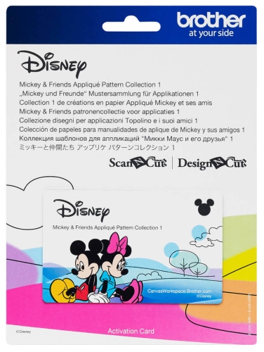 Karta aktywacyjna kolekcji wzorów Disney Applique, przedstawiająca Miki''ego i Minni w pastelowych kolorach. Na tle widoczne chmury i drzewa, z logo Disney u góry oraz informacjami w różnych językach.